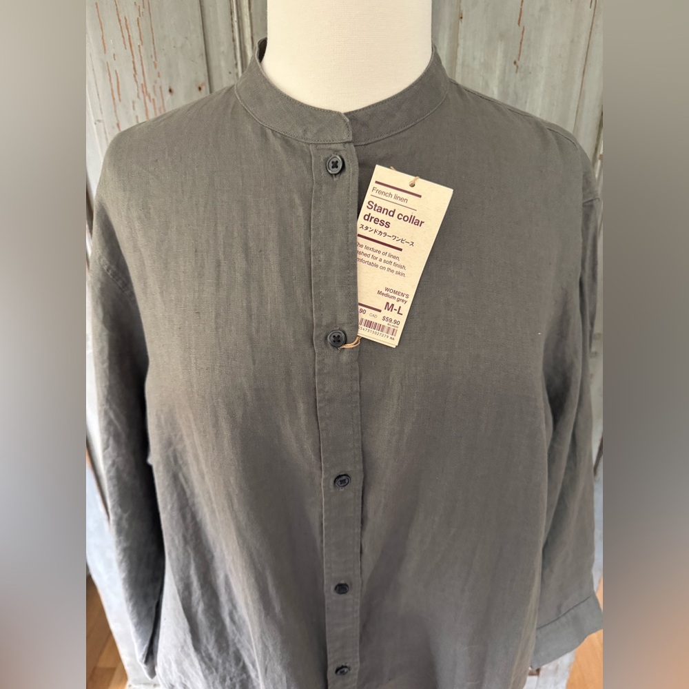 Muji French linen Button-Up Long Dress size L - Picture 2 of 6